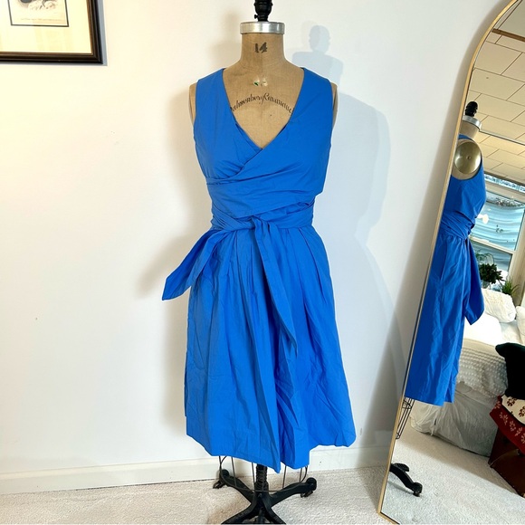 J. Crew Women’s Cotton Poplin Blue Faux Wrap Midi Dress Sz 4 - Picture 3 of 15